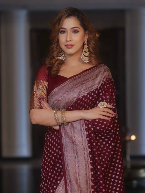 Banarasee Semi Chiffon Saree With Zari Buti & Border-Maroon