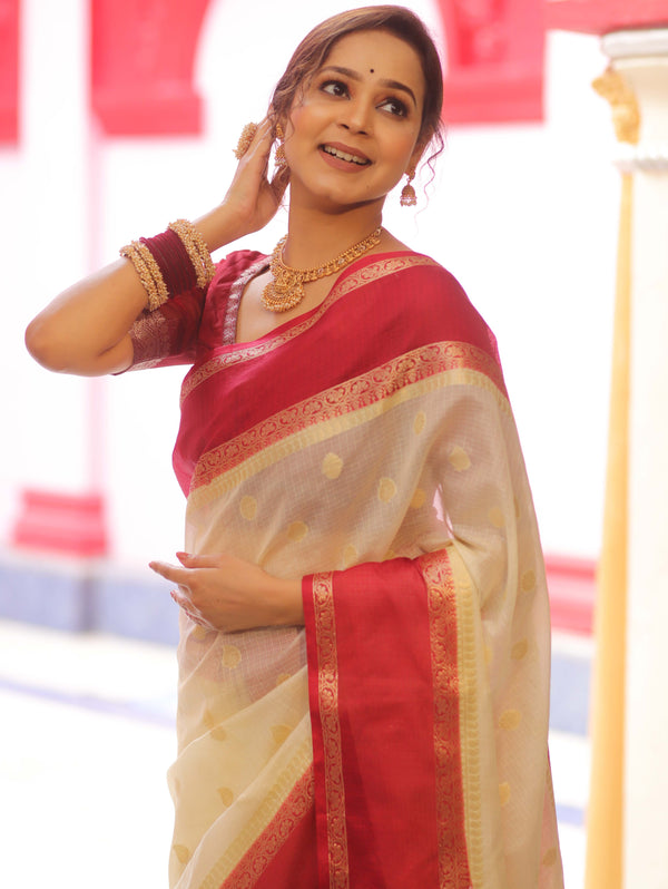 Banarasee Cotton Silk Mix Kota Checks Saree With Zari Design-White & Maroon
