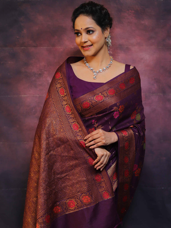 Banarasee Pure Handloom Muga Silk Saree With Resham & Zari Weaving-Violet