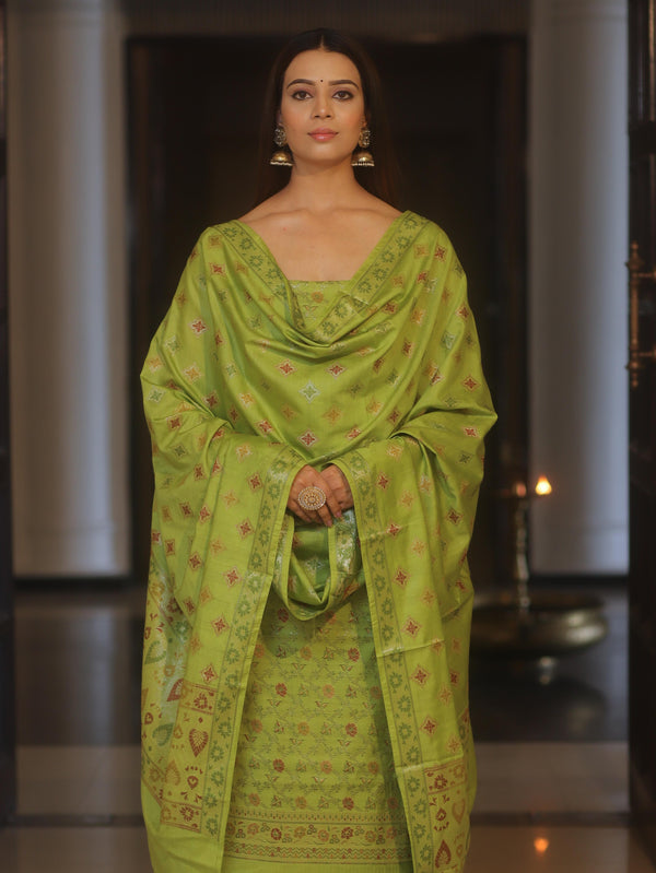 Banarasee Art Silk Resham Design Salwar Kameez With Dupatta Set-Lime Green