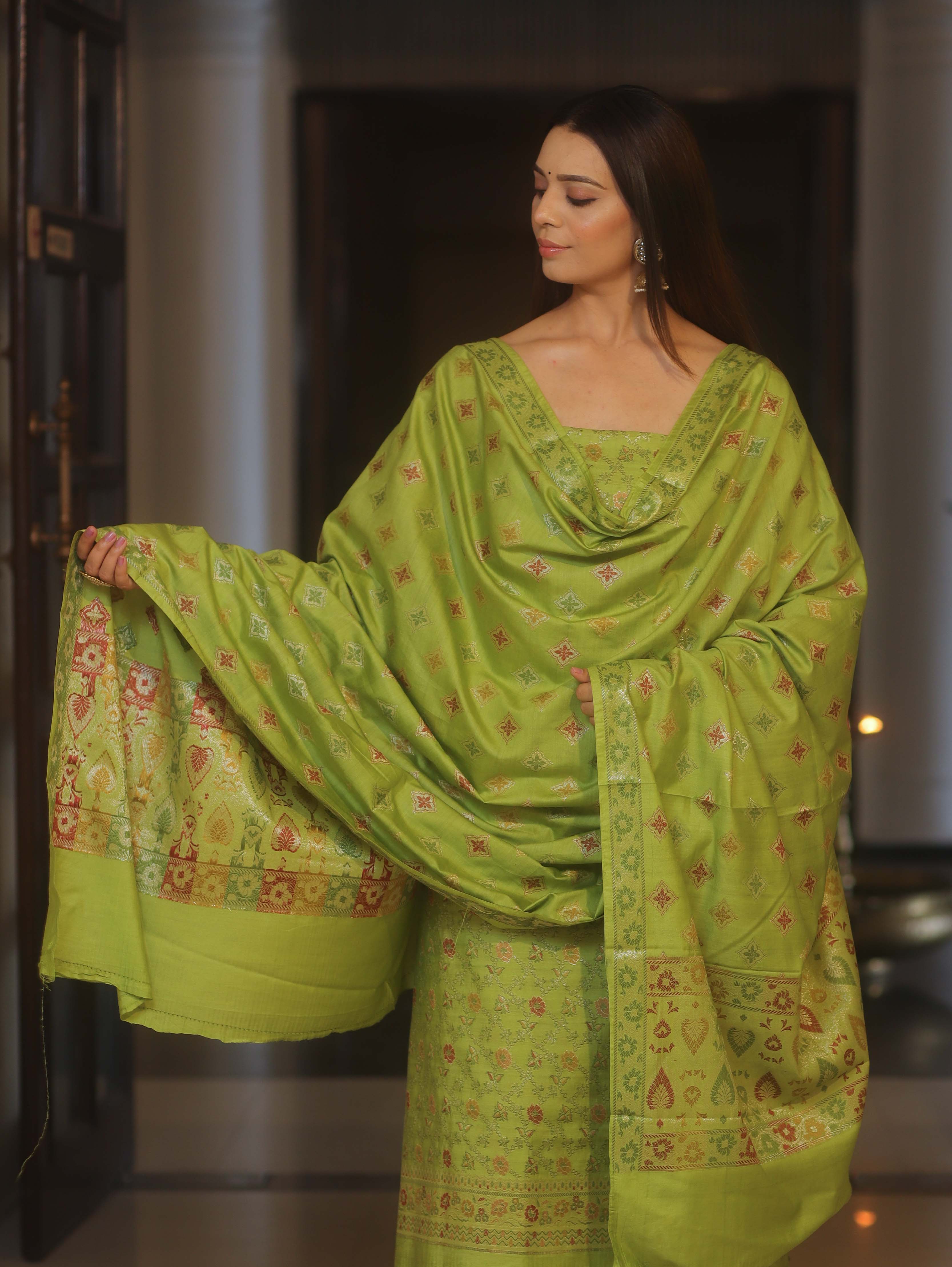 Banarasee Art Silk Resham Design Salwar Kameez With Dupatta Set-Lime Green