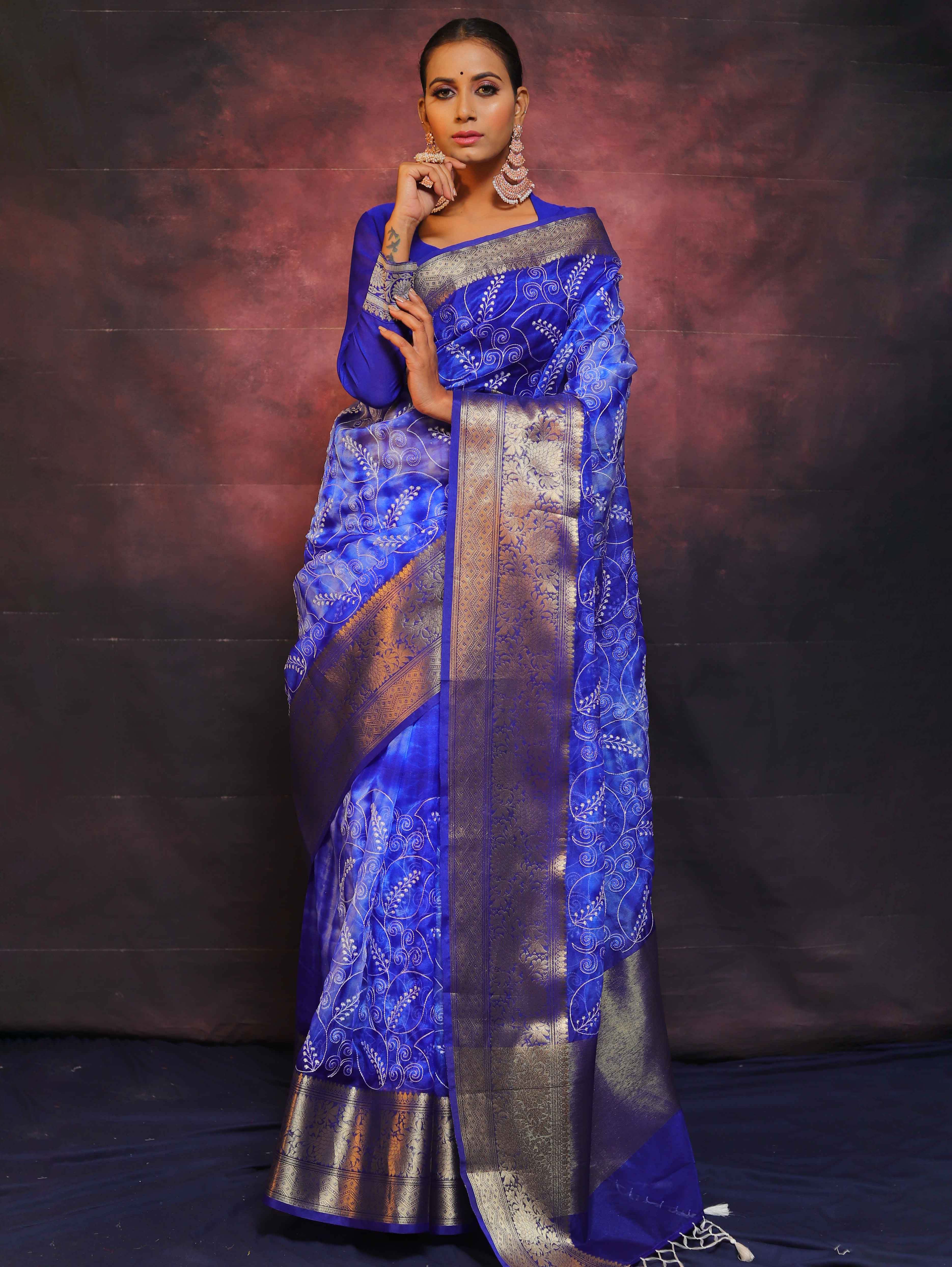 Banarasee Handwoven Shibori Dyed Organza Saree With Embroidered Floral Design-Blue