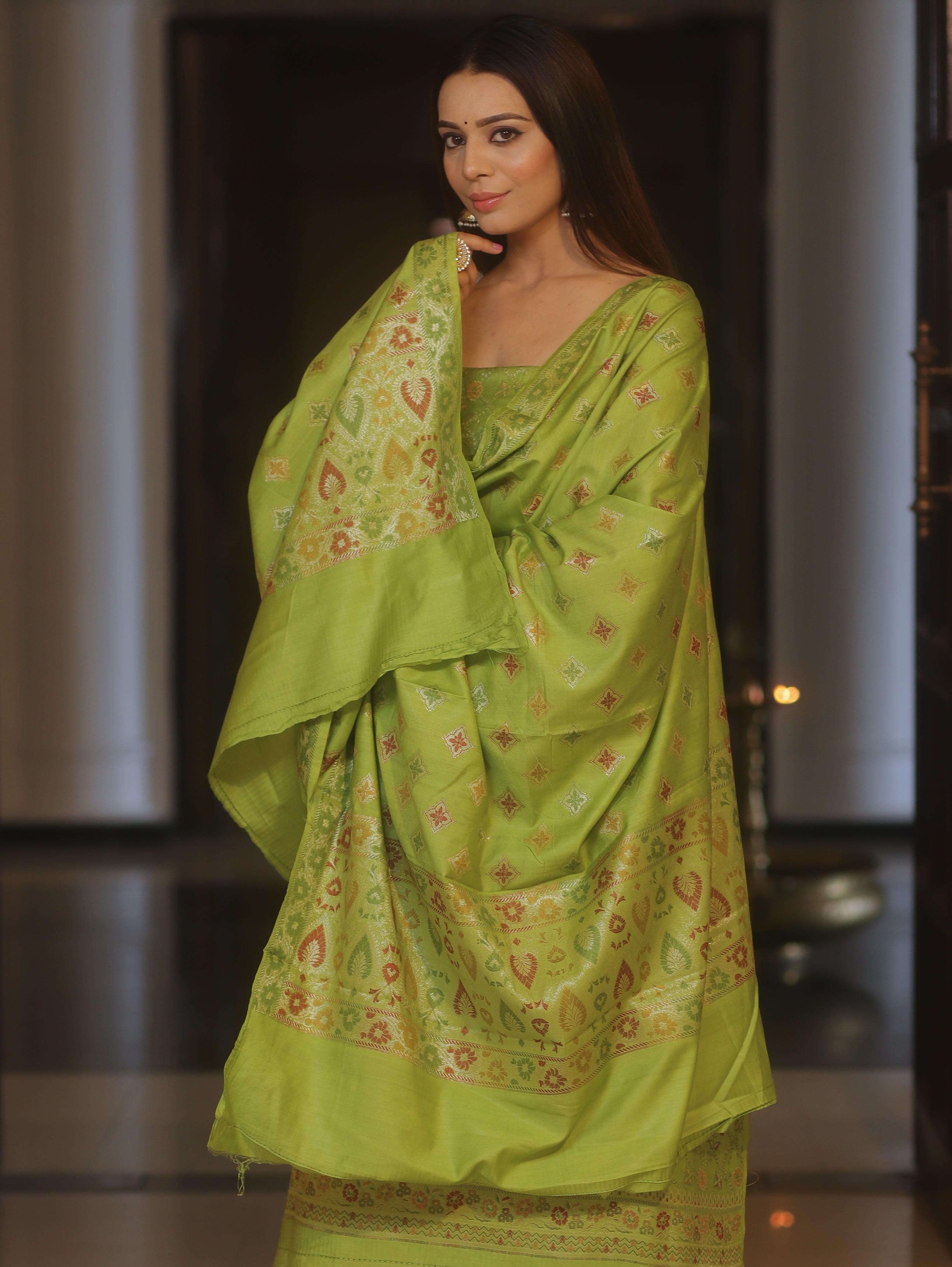 Banarasee Art Silk Resham Design Salwar Kameez With Dupatta Set-Lime Green
