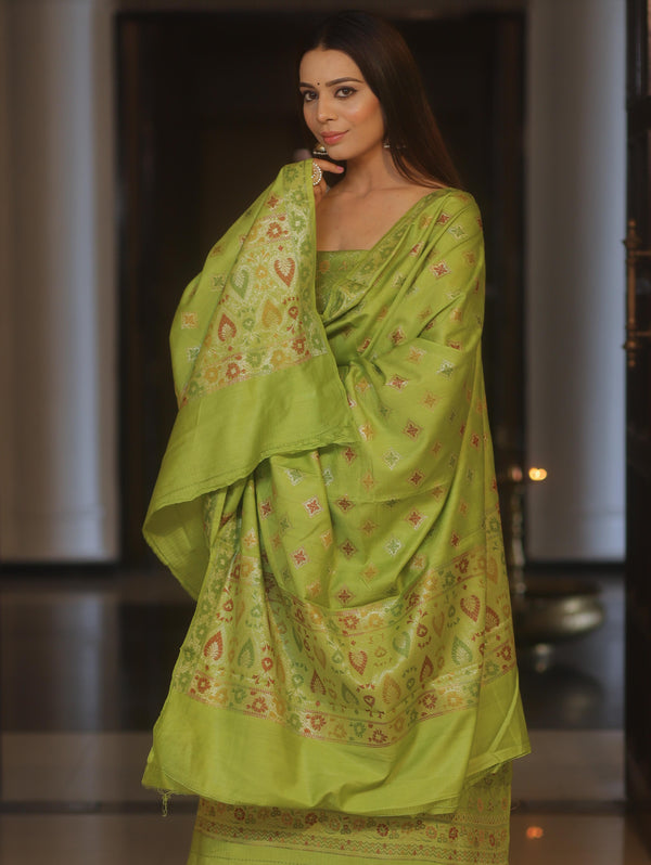 Banarasee Art Silk Resham Design Salwar Kameez With Dupatta Set-Lime Green