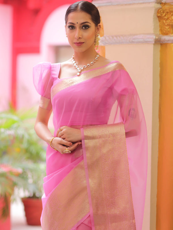 Banarasee Organza Mix Saree With Zari Border-Baby Pink