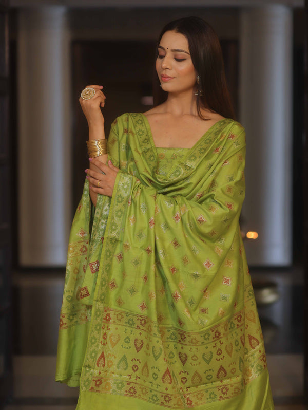 Banarasee Art Silk Resham Design Salwar Kameez With Dupatta Set-Lime Green