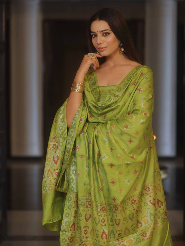 Banarasee Art Silk Resham Design Salwar Kameez With Dupatta Set-Lime Green