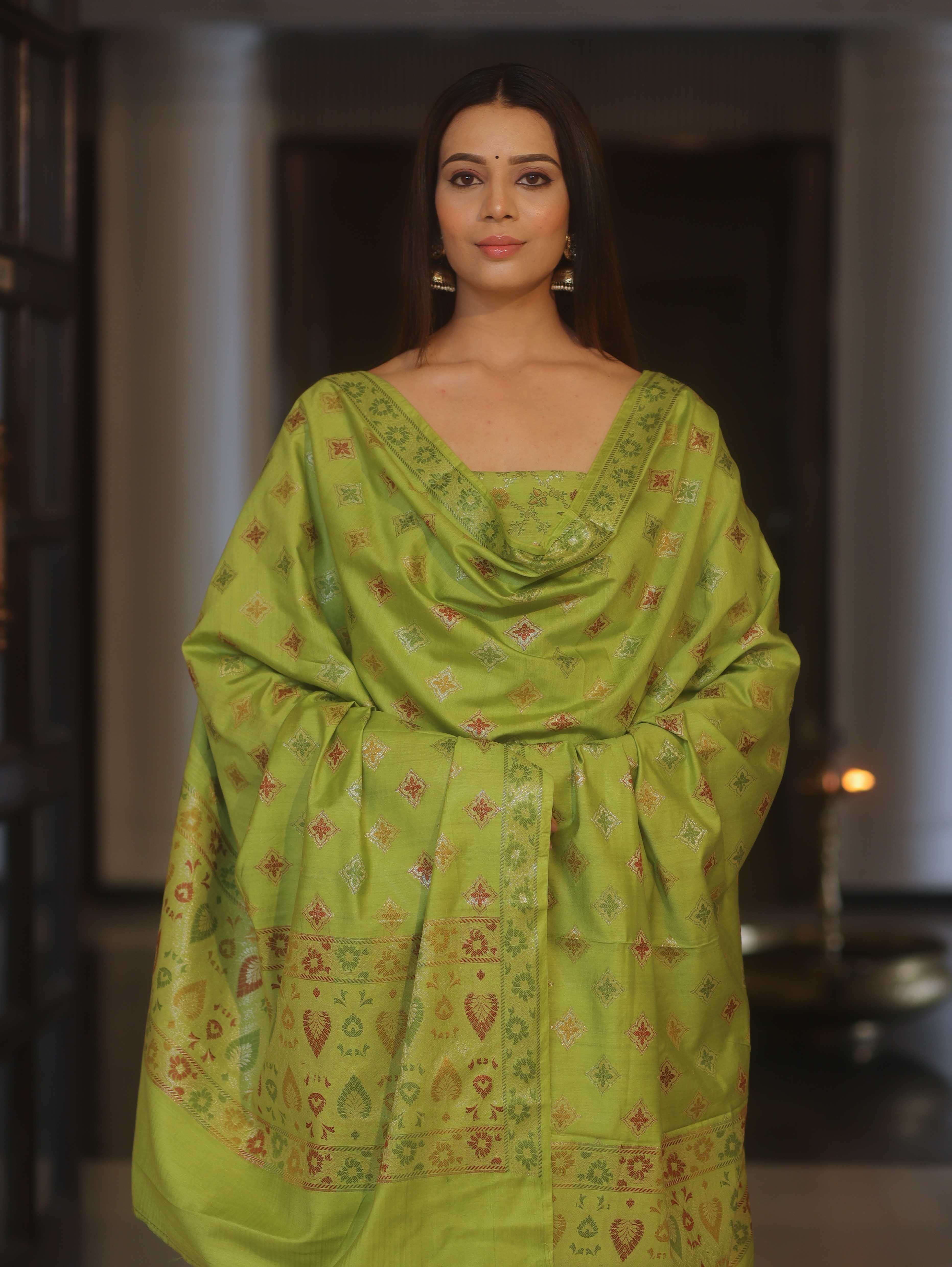 Banarasee Art Silk Resham Design Salwar Kameez With Dupatta Set-Lime Green