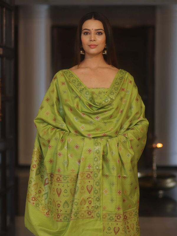 Banarasee Art Silk Resham Design Salwar Kameez With Dupatta Set-Lime Green