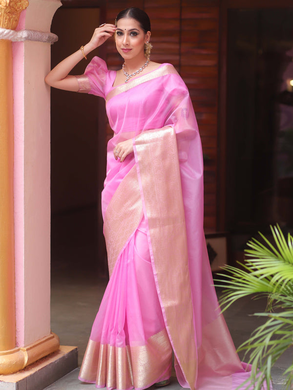 Banarasee Organza Mix Saree With Zari Border-Baby Pink
