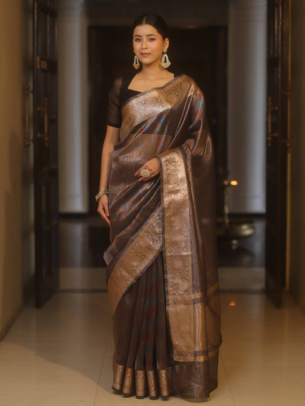 Banarasee Handwoven Plain Tissue Saree With Copper Zari Border-Multicolor