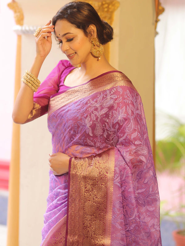 Banarasee Handwoven Organza Floral Embroidery Saree-Violet