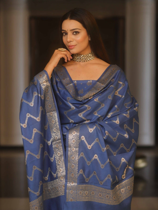 Banarasee Art Silk Zari Design Salwar Kameez With Dupatta Set-Cobalt Blue