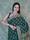 Banarasee Handloom Semi Silk Bandhej Saree With Broad Zari Floral Border-Deep Green