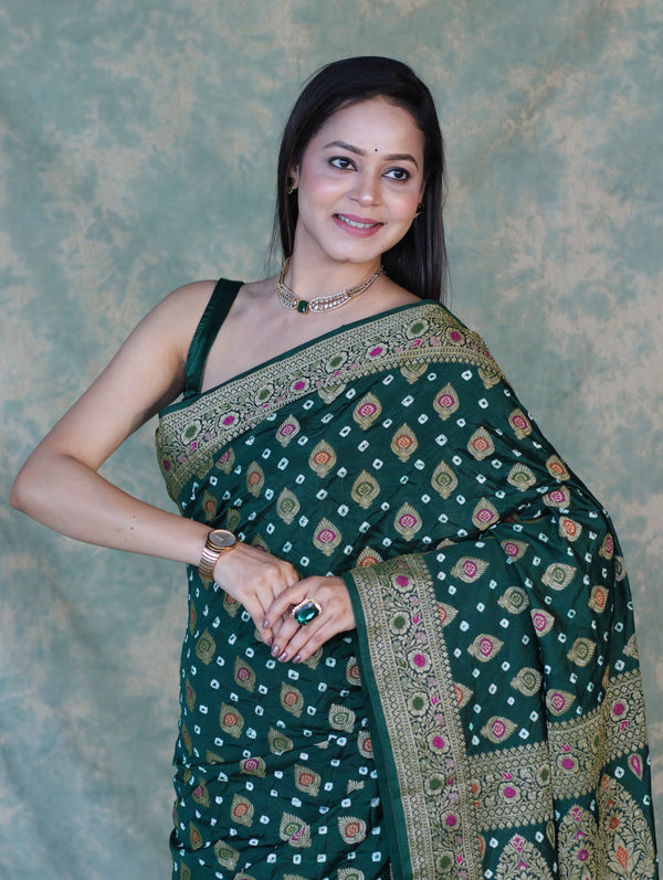 Banarasee Handloom Semi Silk Bandhej Saree With Broad Zari Floral Border-Deep Green