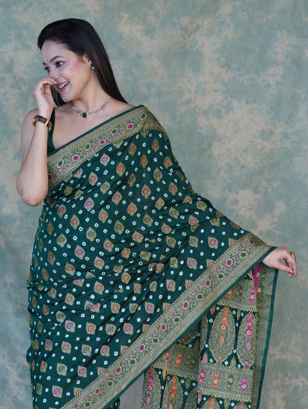 Banarasee Handloom Semi Silk Bandhej Saree With Broad Zari Floral Border-Deep Green