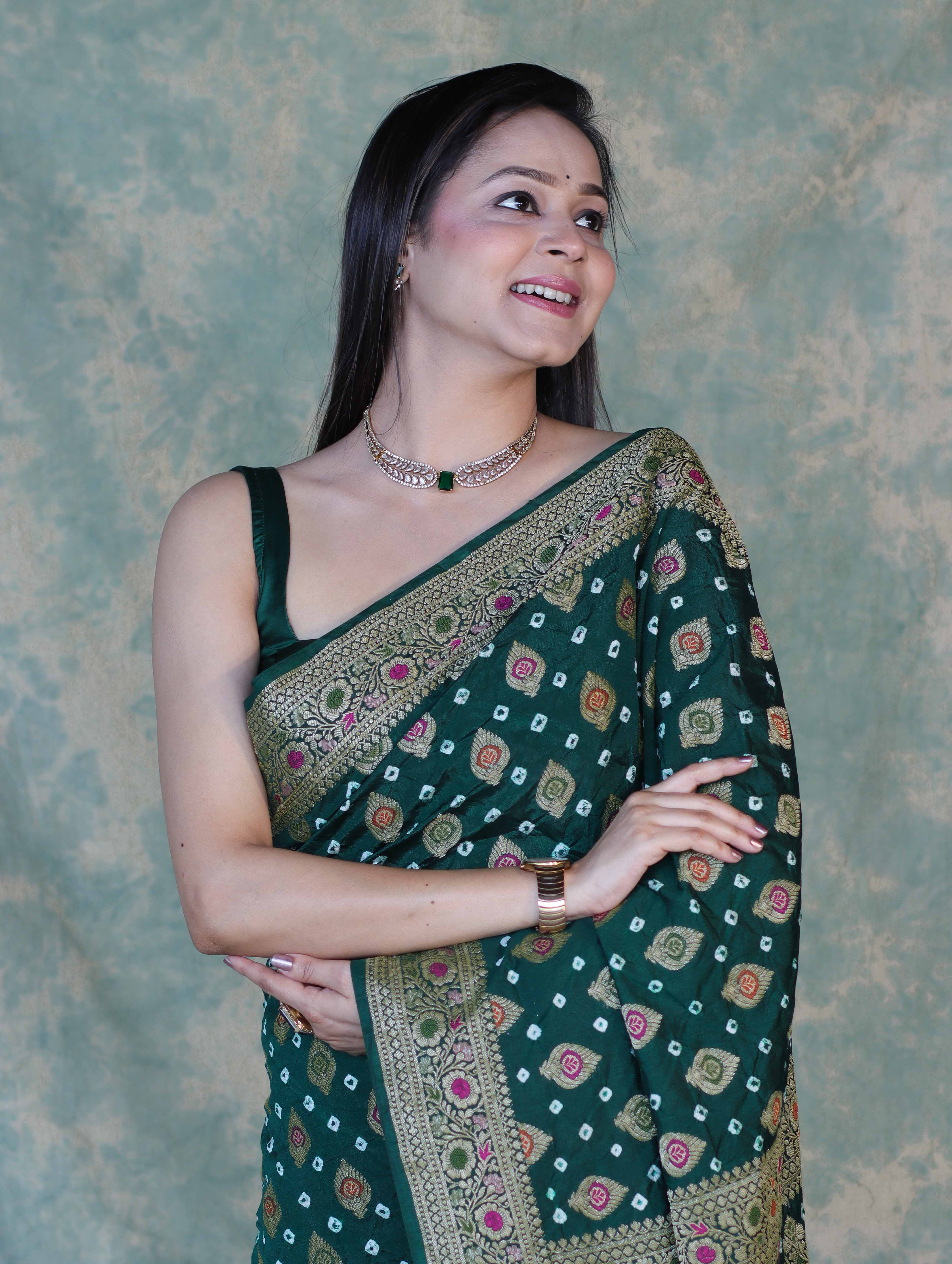 Banarasee Handloom Semi Silk Bandhej Saree With Broad Zari Floral Border-Deep Green