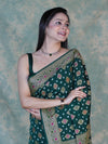 Banarasee Handloom Semi Silk Bandhej Saree With Broad Zari Floral Border-Deep Green