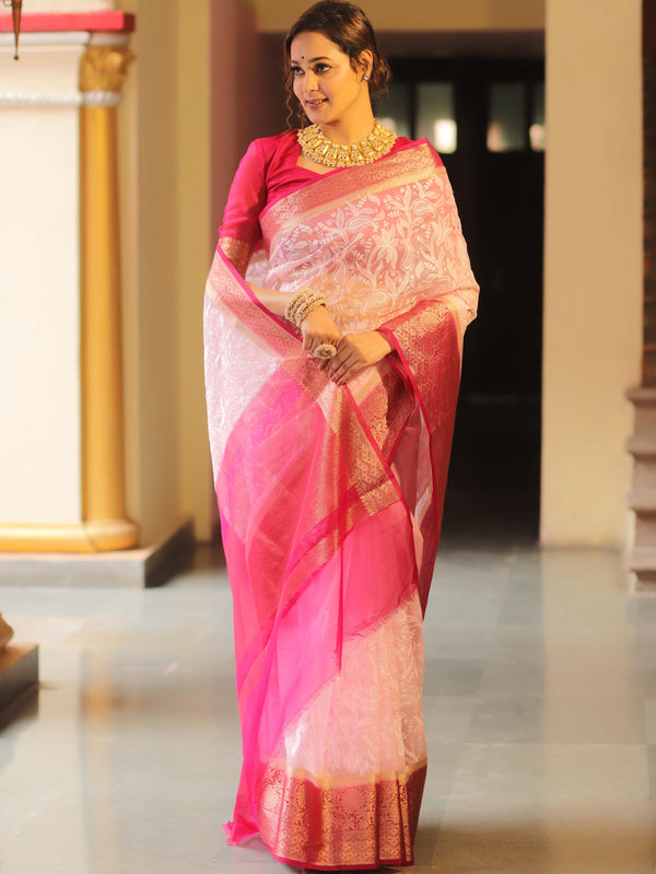 Banarasee Handwoven Organza Floral Embroidery Saree-Pink