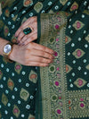 Banarasee Handloom Semi Silk Bandhej Saree With Broad Zari Floral Border-Deep Green