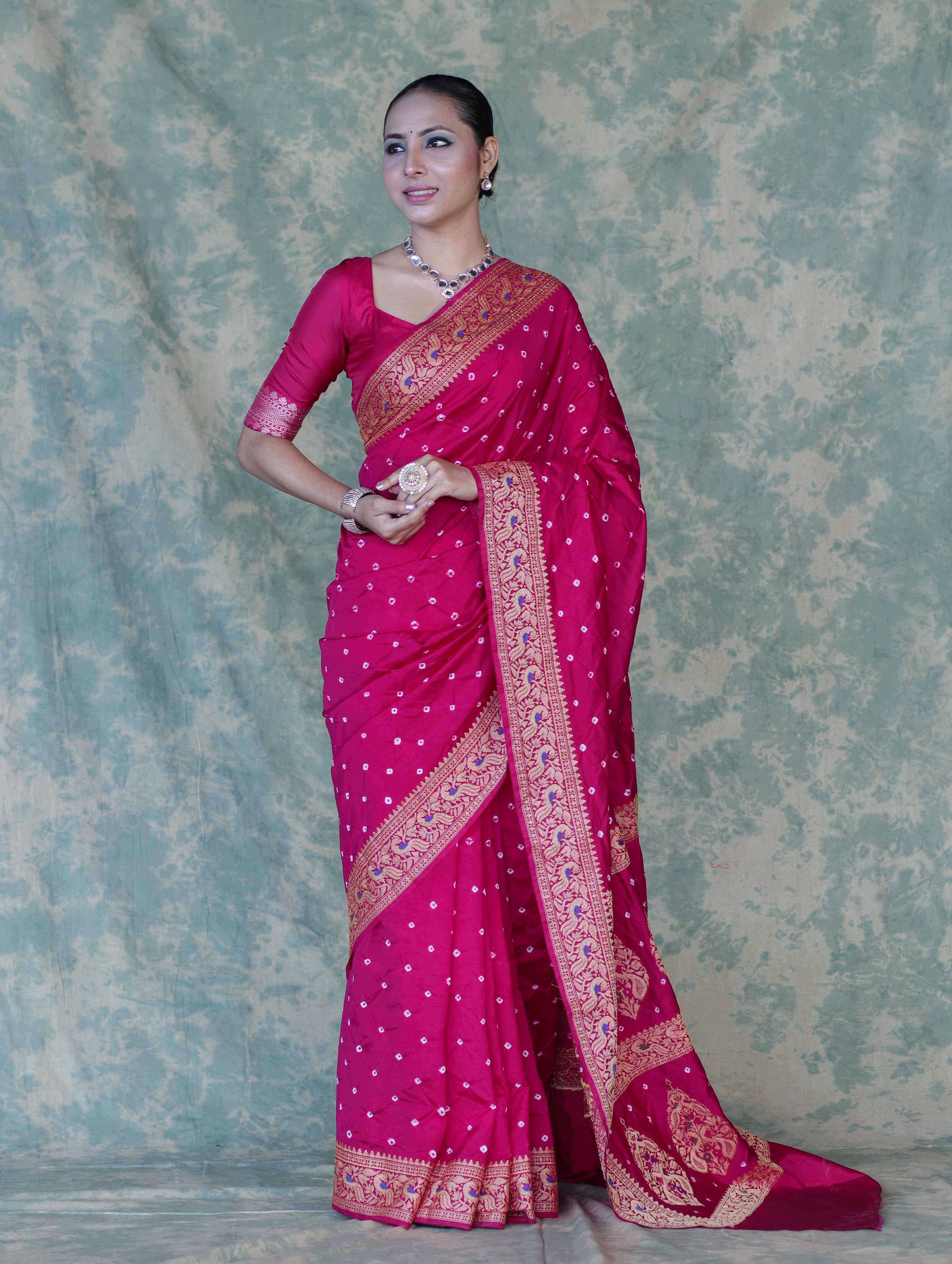 Banarasee Handloom Semi Silk Bandhej Saree With Broad Zari Floral Border-Deep Pink