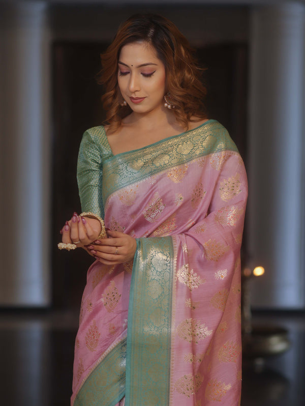 Banarasee Handloom Pure Chiniya Silk Saree With Zari Work & Contrast Border-Salmon Pink & Green