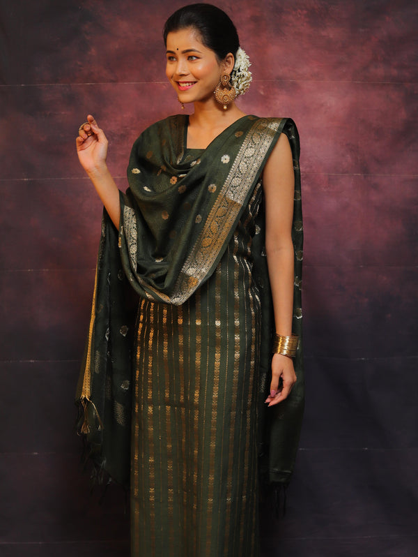 Banarasee Cotton Silk Salwar Kameez Fabric With Zari Work-Green