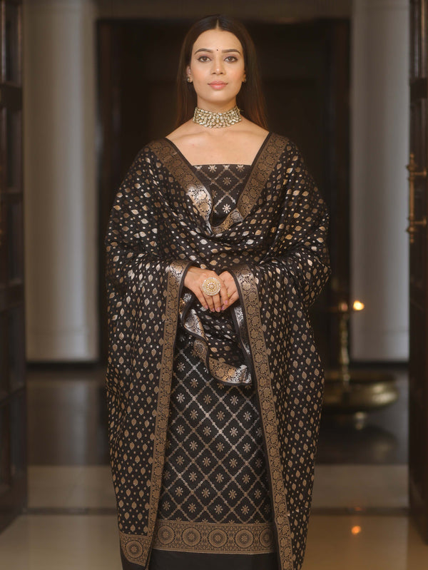 Banarasee Semi-Silk Zari Design Salwar Kameez Fabric With Dupatta Set-Black