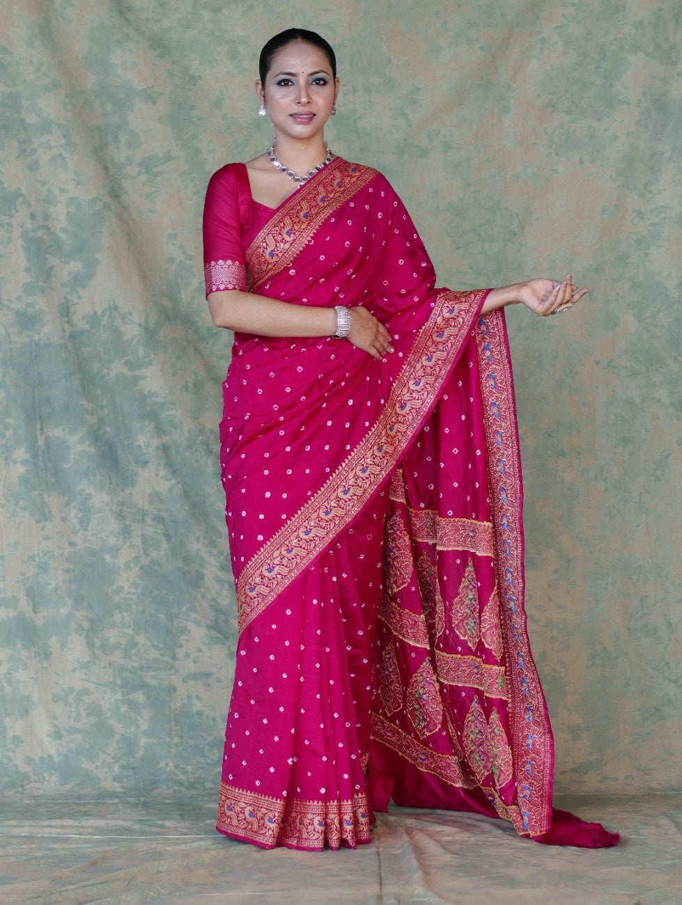 Banarasee Handloom Semi Silk Bandhej Saree With Broad Zari Floral Border-Deep Pink