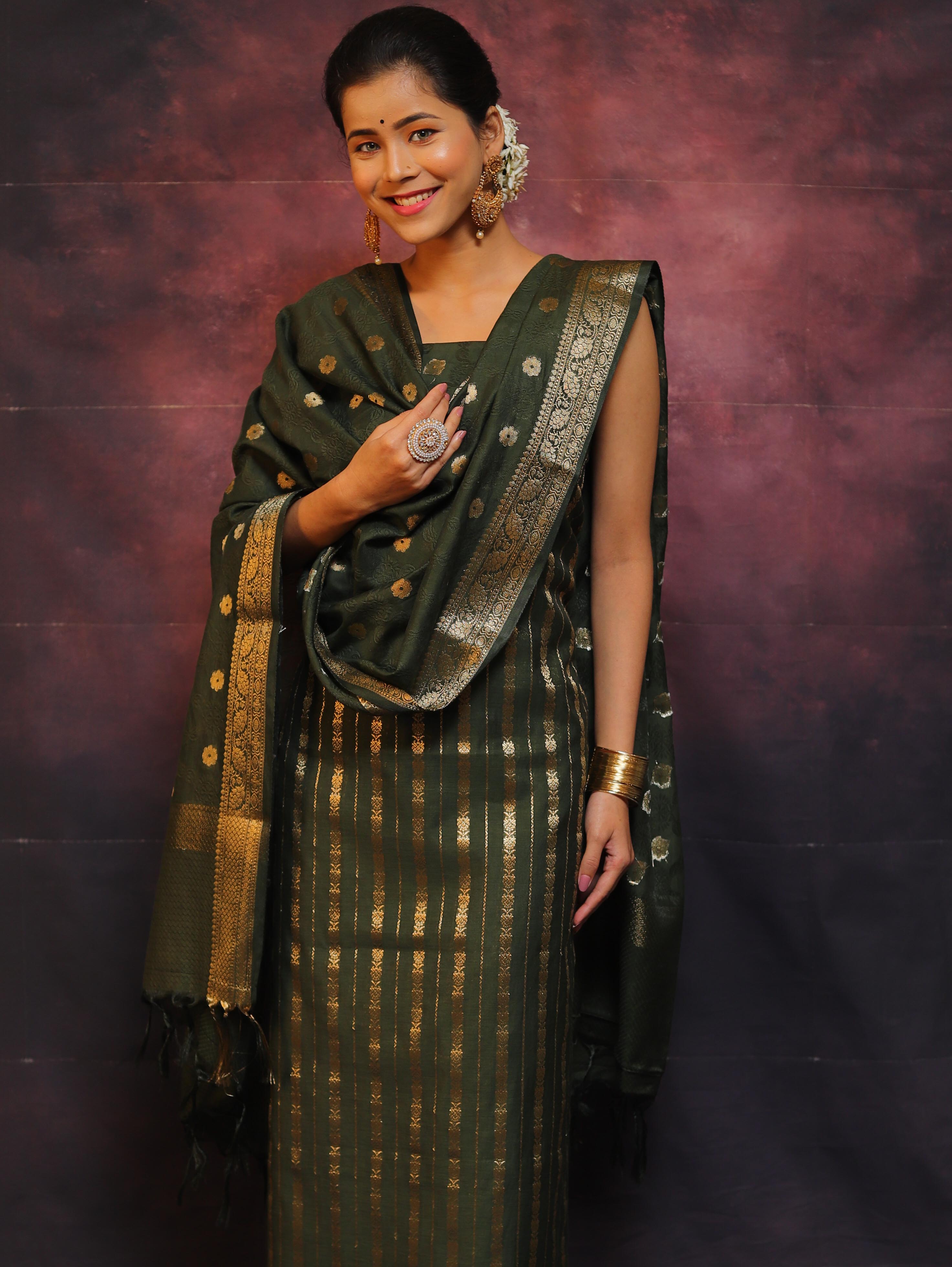 Banarasee Cotton Silk Salwar Kameez Fabric With Zari Work-Green