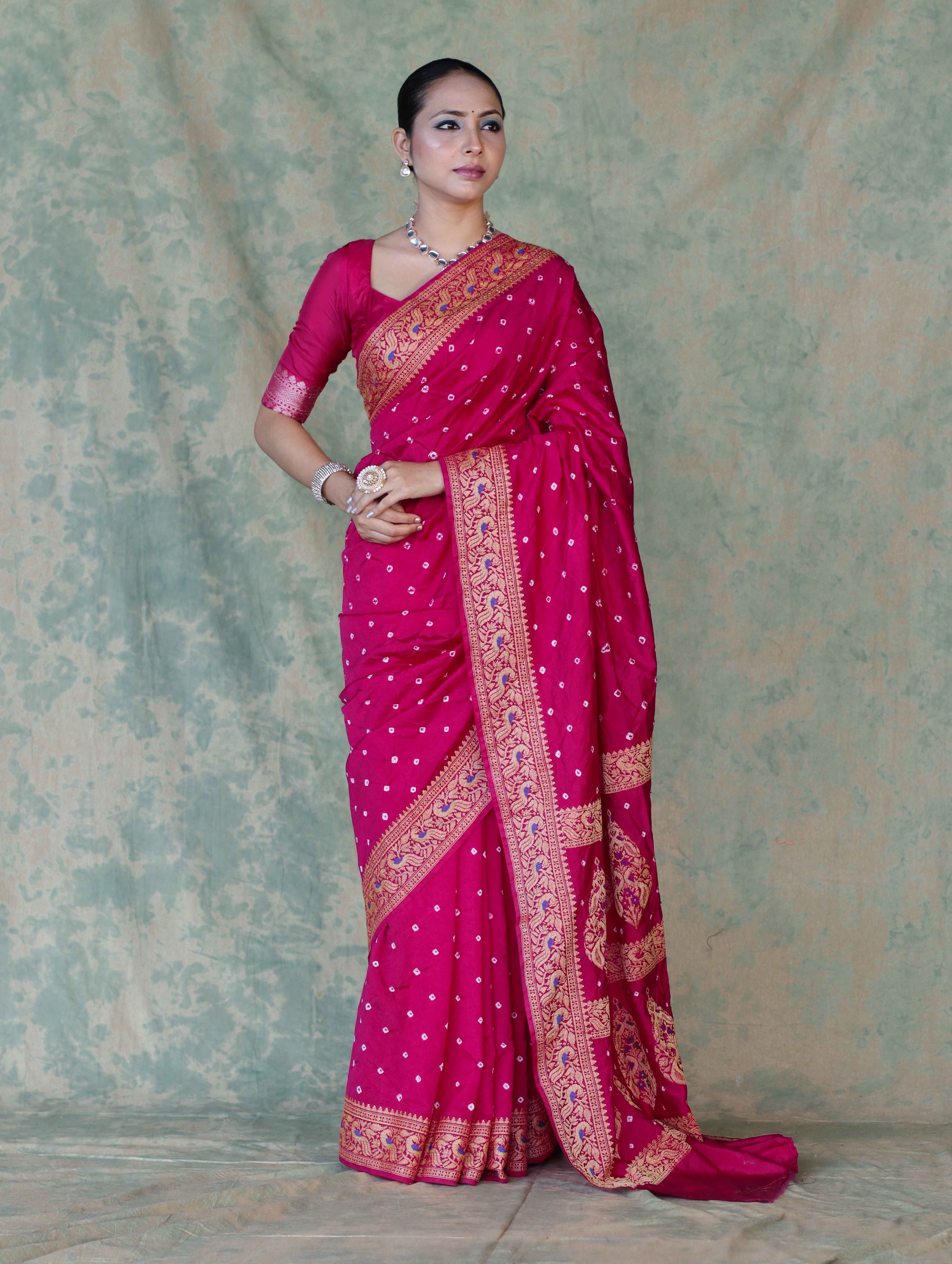 Banarasee Handloom Semi Silk Bandhej Saree With Broad Zari Floral Border-Deep Pink