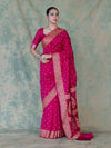 Banarasee Handloom Semi Silk Bandhej Saree With Broad Zari Floral Border-Deep Pink