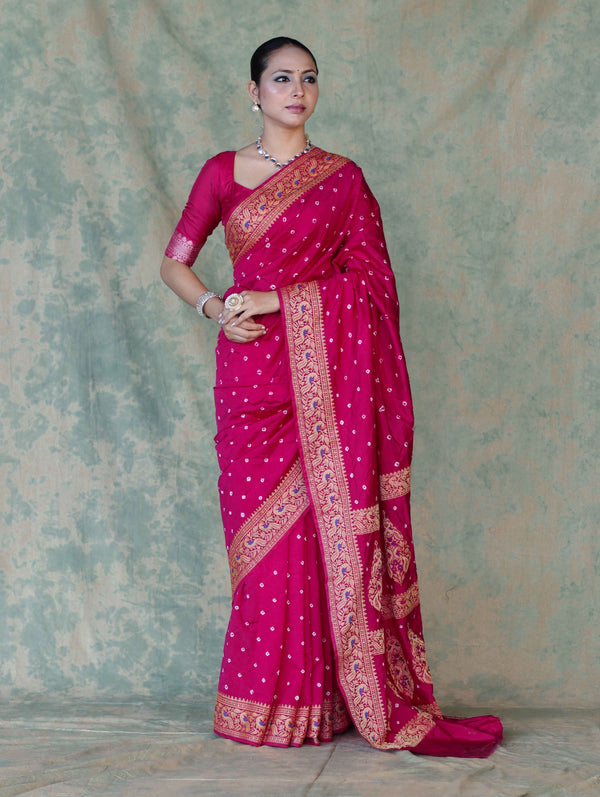 Banarasee Handloom Semi Silk Bandhej Saree With Broad Zari Floral Border-Deep Pink