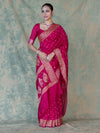 Banarasee Handloom Semi Silk Bandhej Saree With Broad Zari Floral Border-Deep Pink