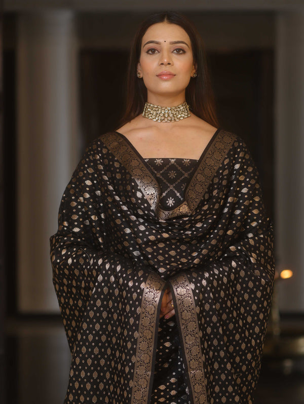 Banarasee Semi-Silk Zari Design Salwar Kameez Fabric With Dupatta Set-Black