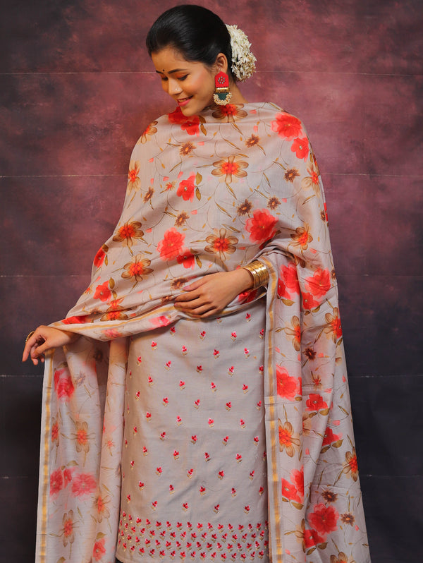 Banarasee Chanderi Cotton Embroidered Salwar Kameez Fabric With Digital Print Dupatta-Grey