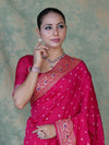 Banarasee Handloom Semi Silk Bandhej Saree With Broad Zari Floral Border-Deep Pink