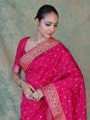 Banarasee Handloom Semi Silk Bandhej Saree With Broad Zari Floral Border-Deep Pink