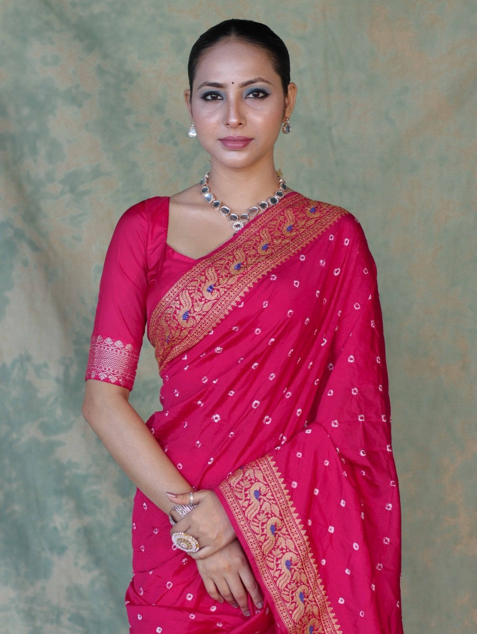 Banarasee Handloom Semi Silk Bandhej Saree With Broad Zari Floral Border-Deep Pink