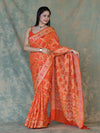 Banarasee Handloom Semi Silk Bandhej Saree With Broad Zari Floral Border-Orange