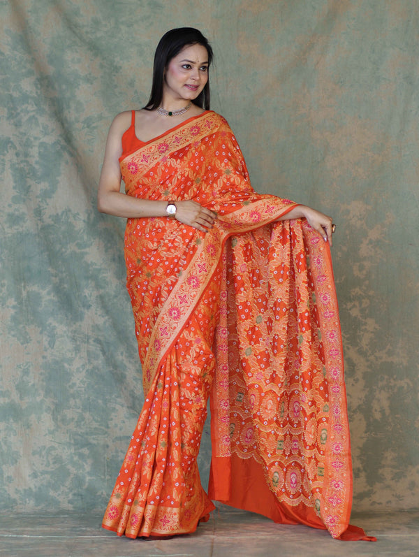 Banarasee Handloom Semi Silk Bandhej Saree With Broad Zari Floral Border-Orange