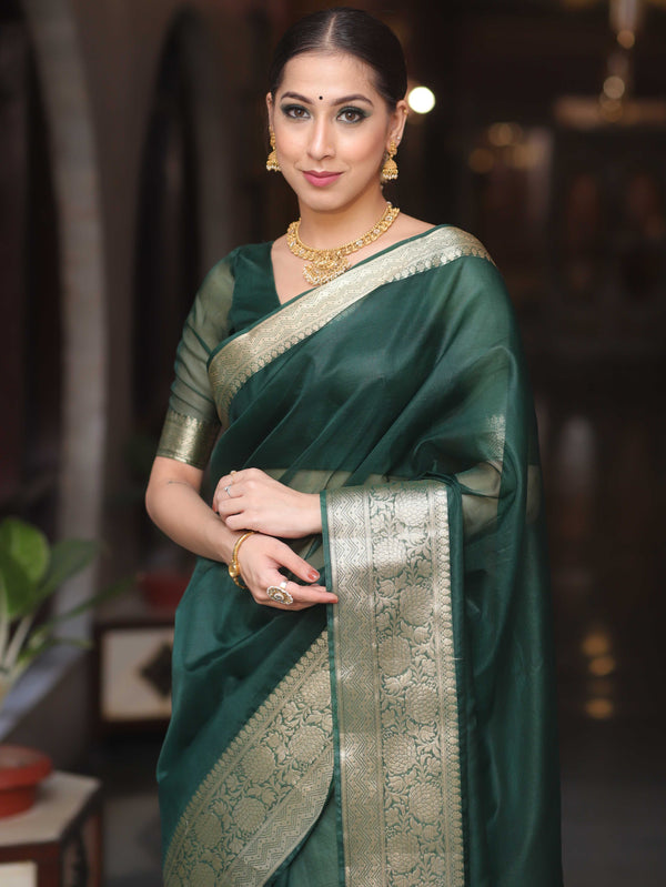 Banarasee Organza Mix Saree With Zari Border-Green