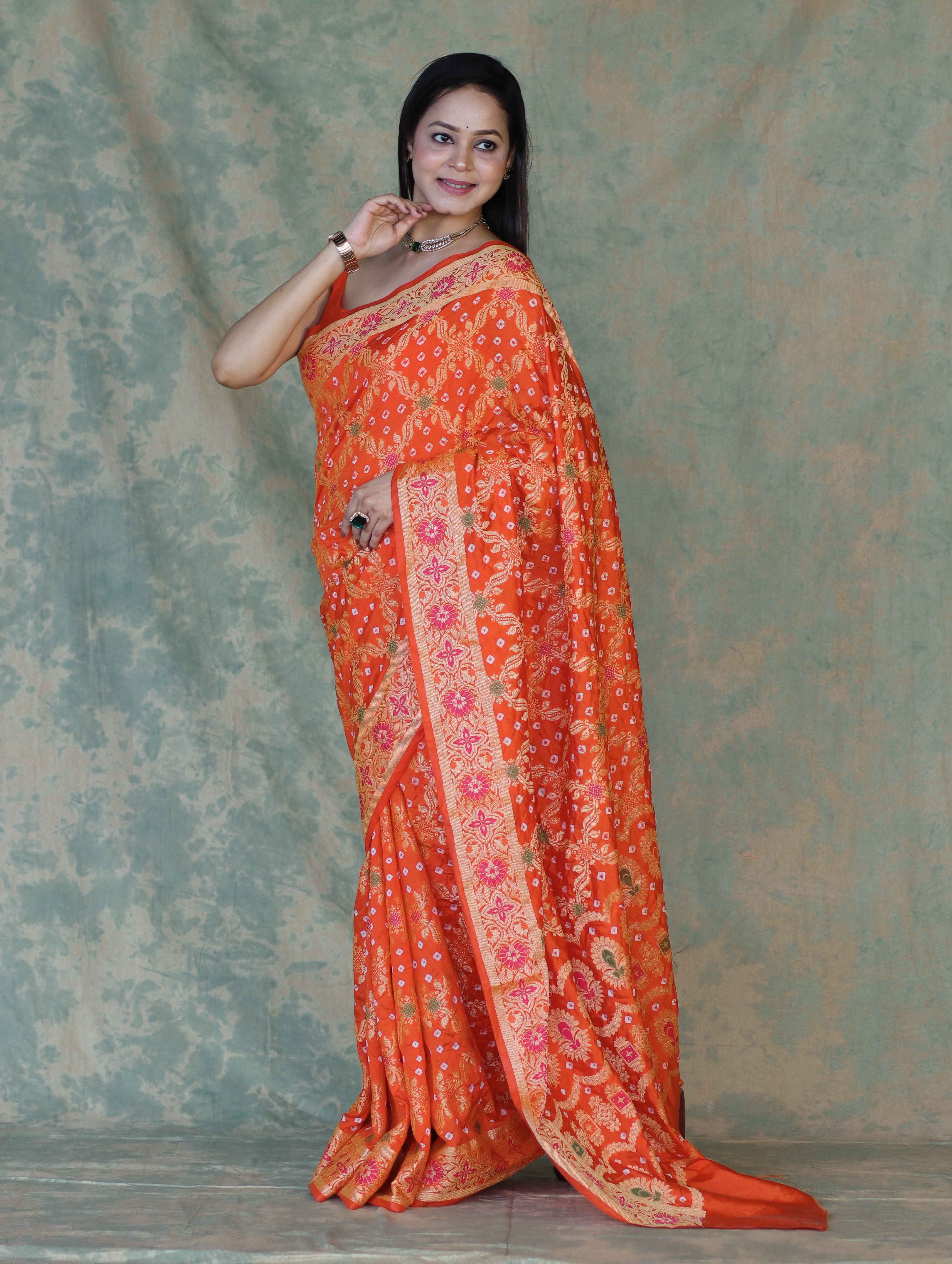 Banarasee Handloom Semi Silk Bandhej Saree With Broad Zari Floral Border-Orange