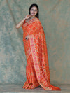 Banarasee Handloom Semi Silk Bandhej Saree With Broad Zari Floral Border-Orange