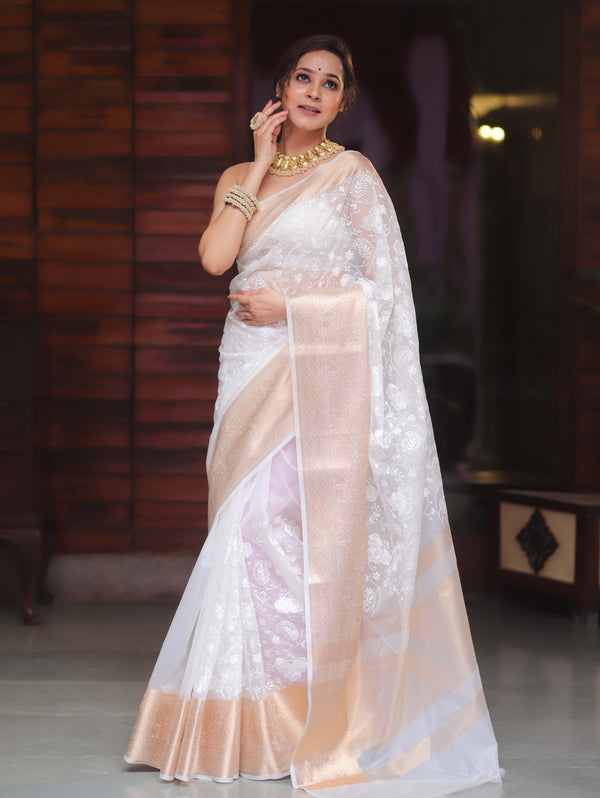 Banarasee Handwoven Organza Floral Embroidery Saree-White