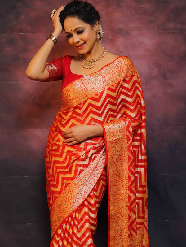 Banarasee Handwoven Pure Chiffon Saree With Zig-Zag Design Work-Red