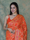 Banarasee Handloom Semi Silk Bandhej Saree With Broad Zari Floral Border-Orange