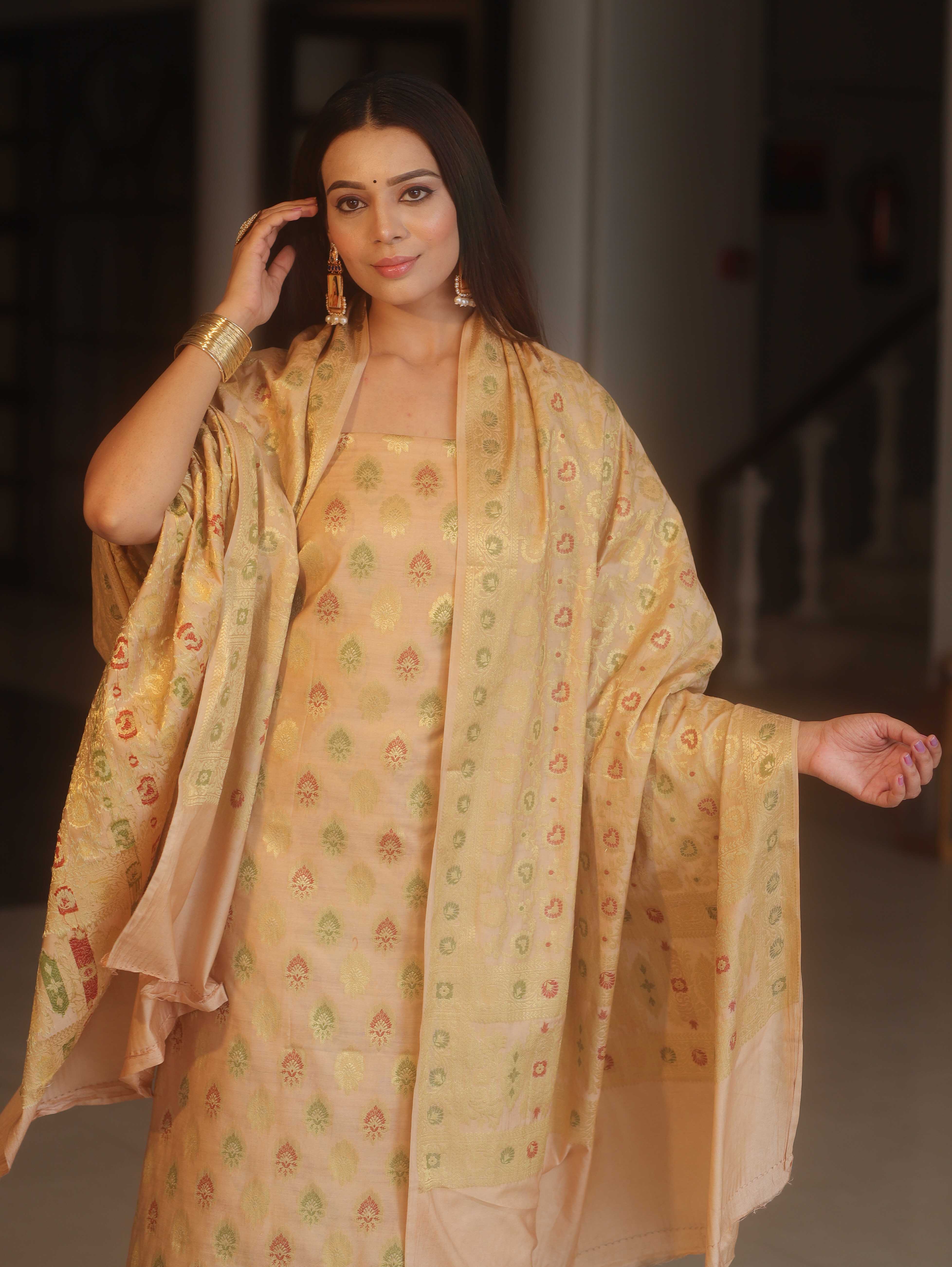 Banarasee Art Silk Resham Design Salwar Kameez With Dupatta Set-Beige
