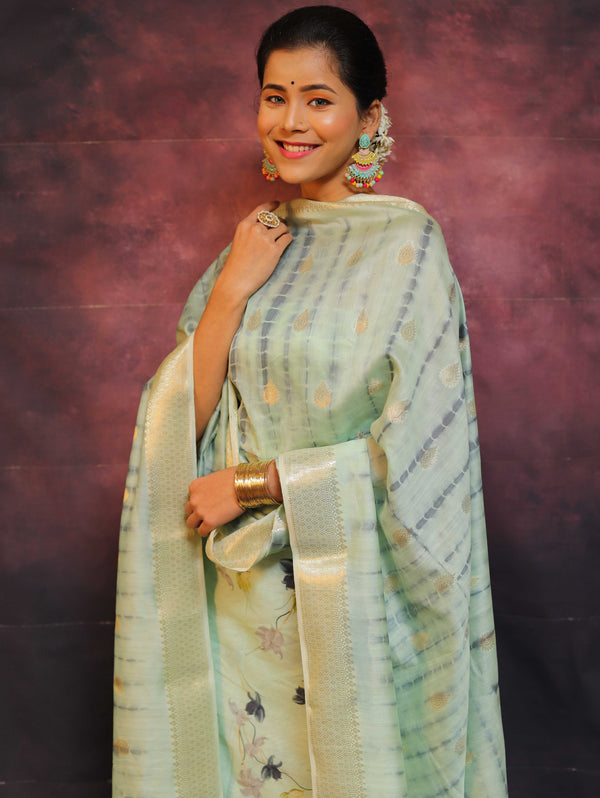Banarasee Pure Chanderi Salwar Kameez Fabric With Digital Print Work & Shibori Dupatta-Green