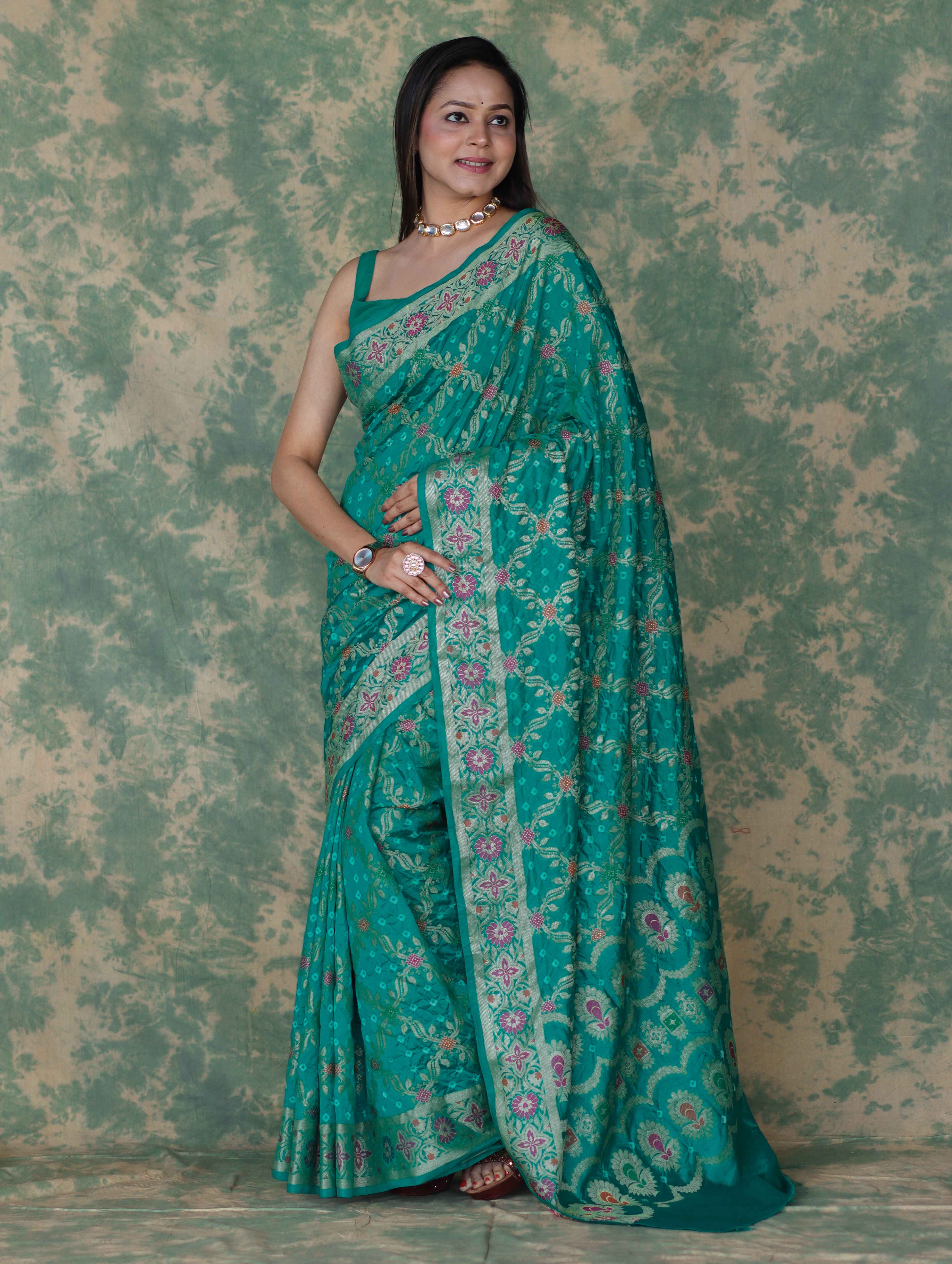 Banarasee Handloom Semi Silk Bandhej Saree With Broad Zari Floral Border-Turquoise Green